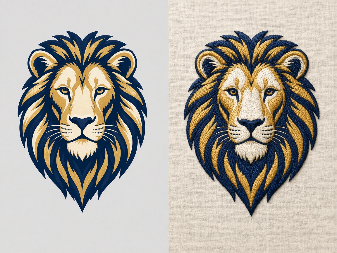 Vector artwork of a lion next to the same lion as embroidery stitches