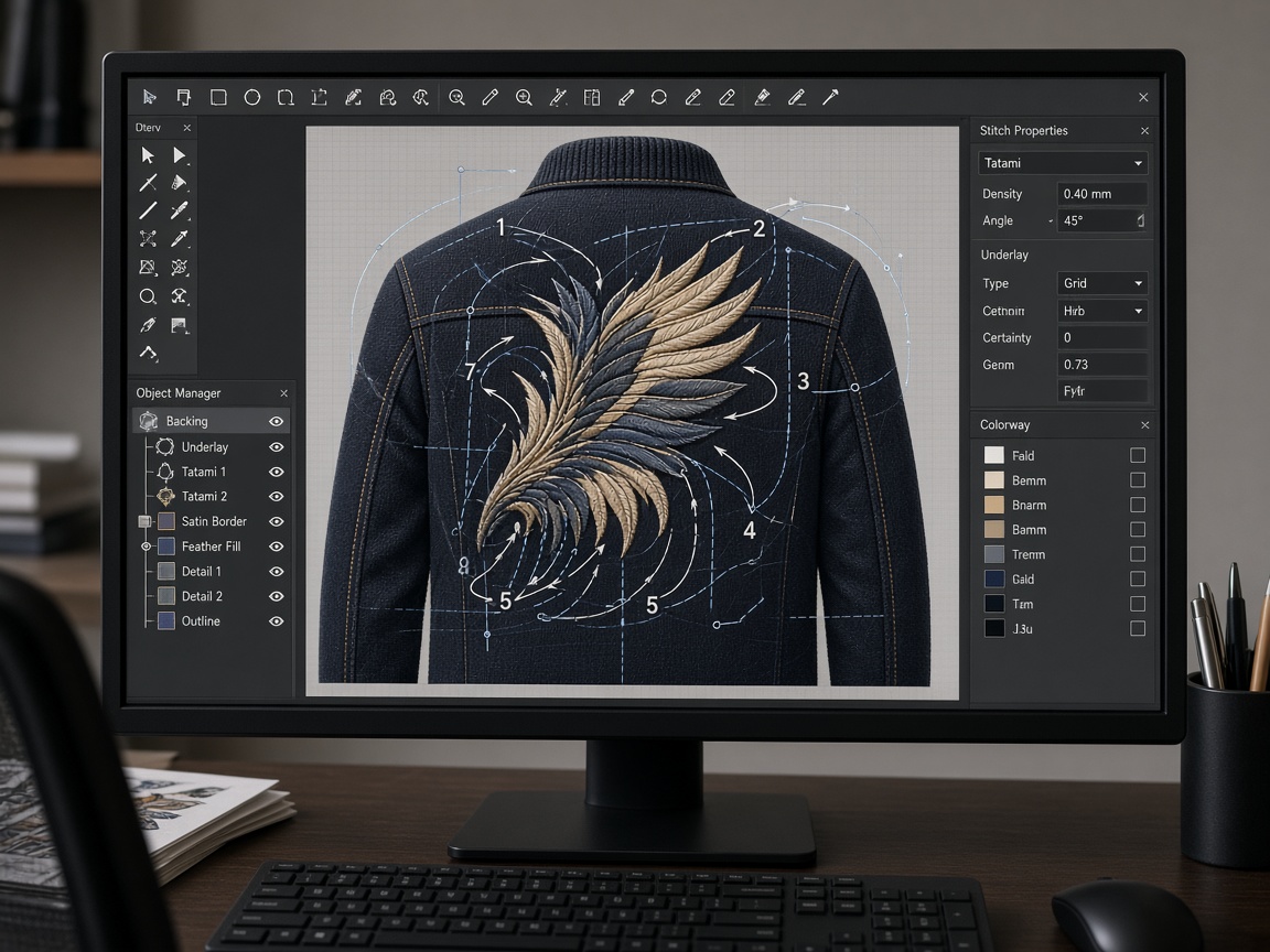 Digitizing software with stitch objects and sewing sequence on a jacket design
