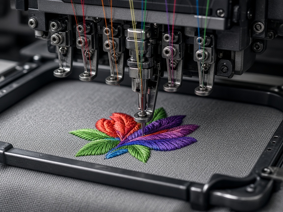 Embroidery machine sewing a colorful design from a machine-ready punch file