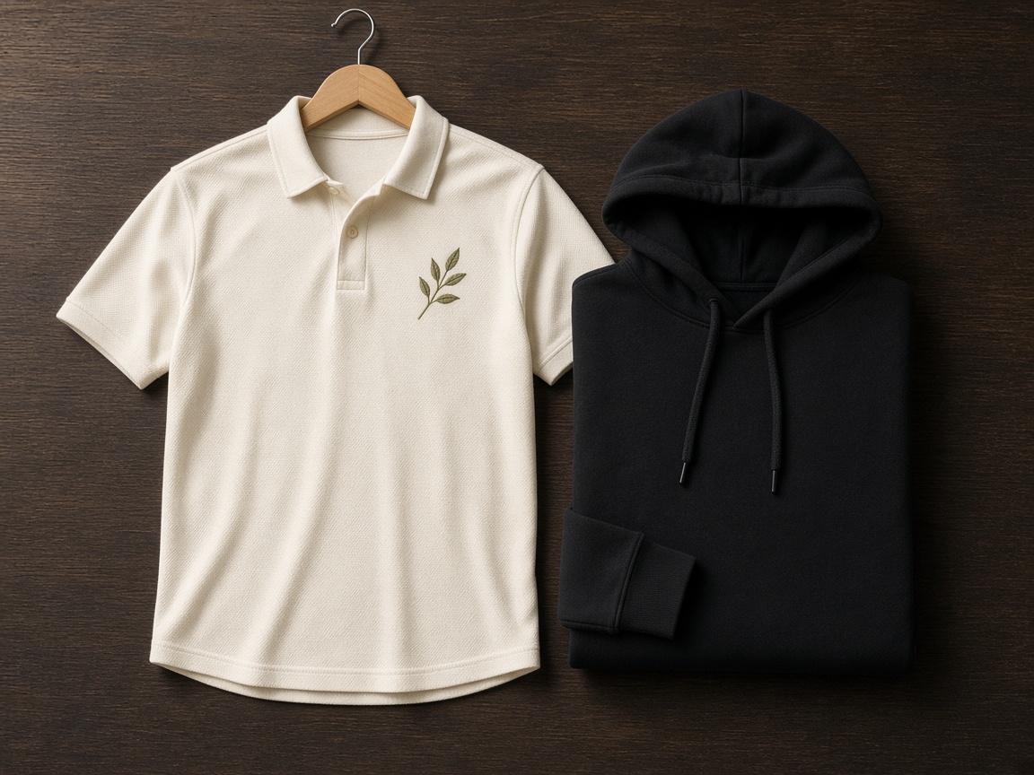 Polo shirt with left-chest embroidery and a hoodie showing placement