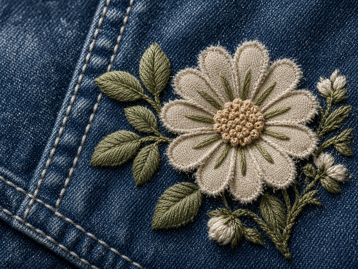 Floral applique embroidery on denim