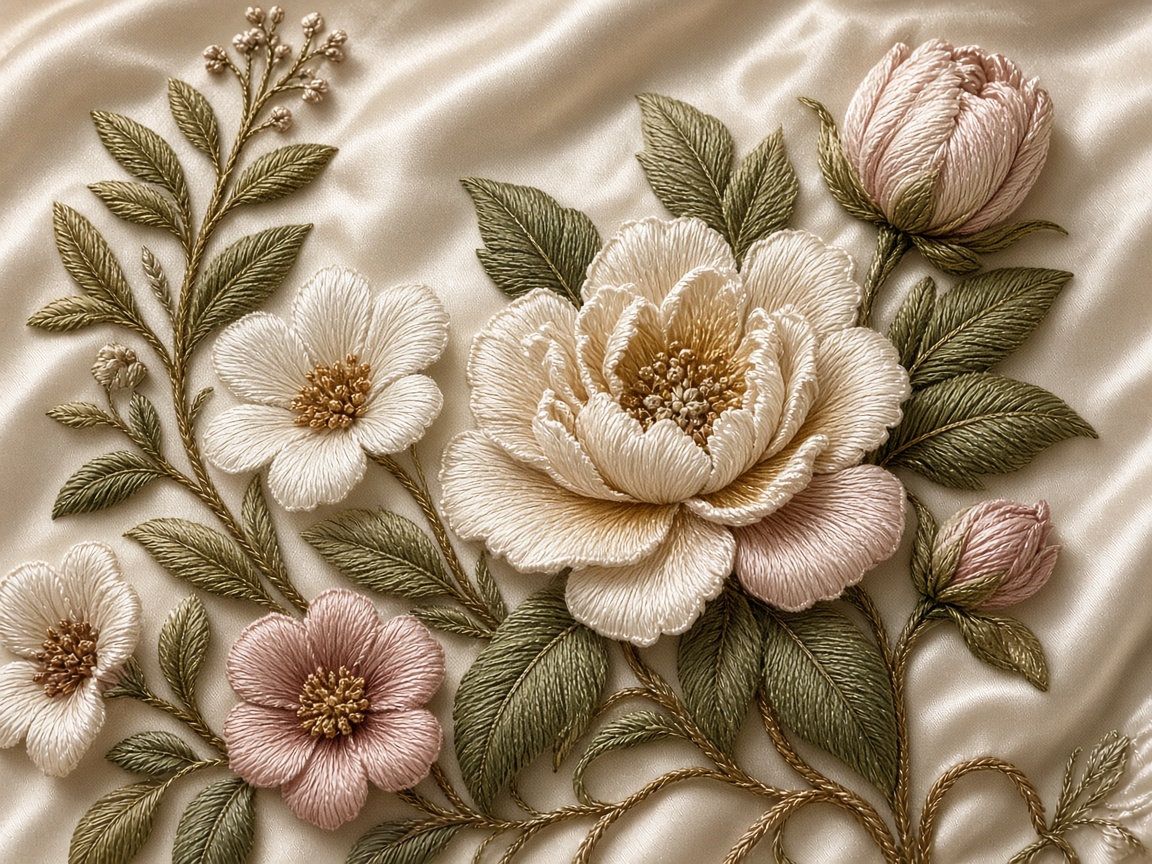 Floral satin embroidery motif sample