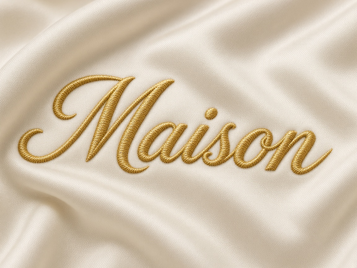 Gold script lettering embroidery on satin