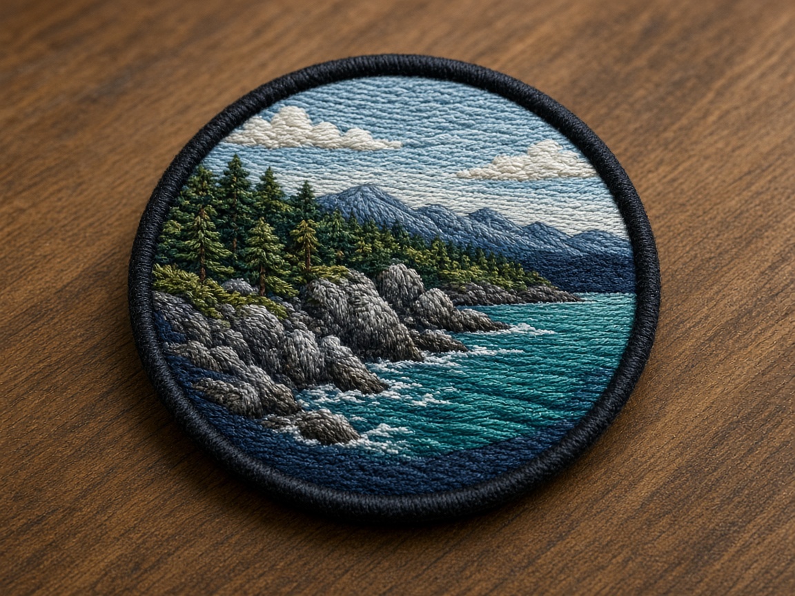 Round landscape embroidered patch with merrow border