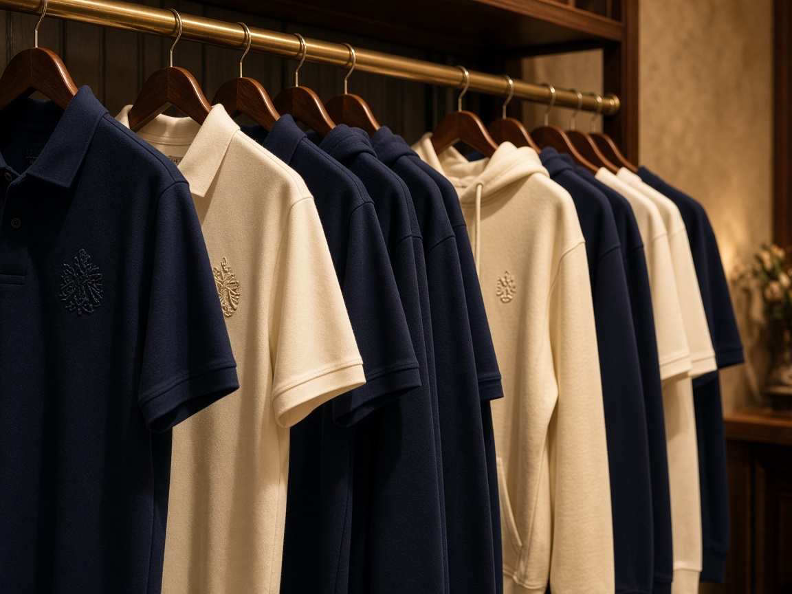 Embroidered polo shirts and hoodies on a clothing rail