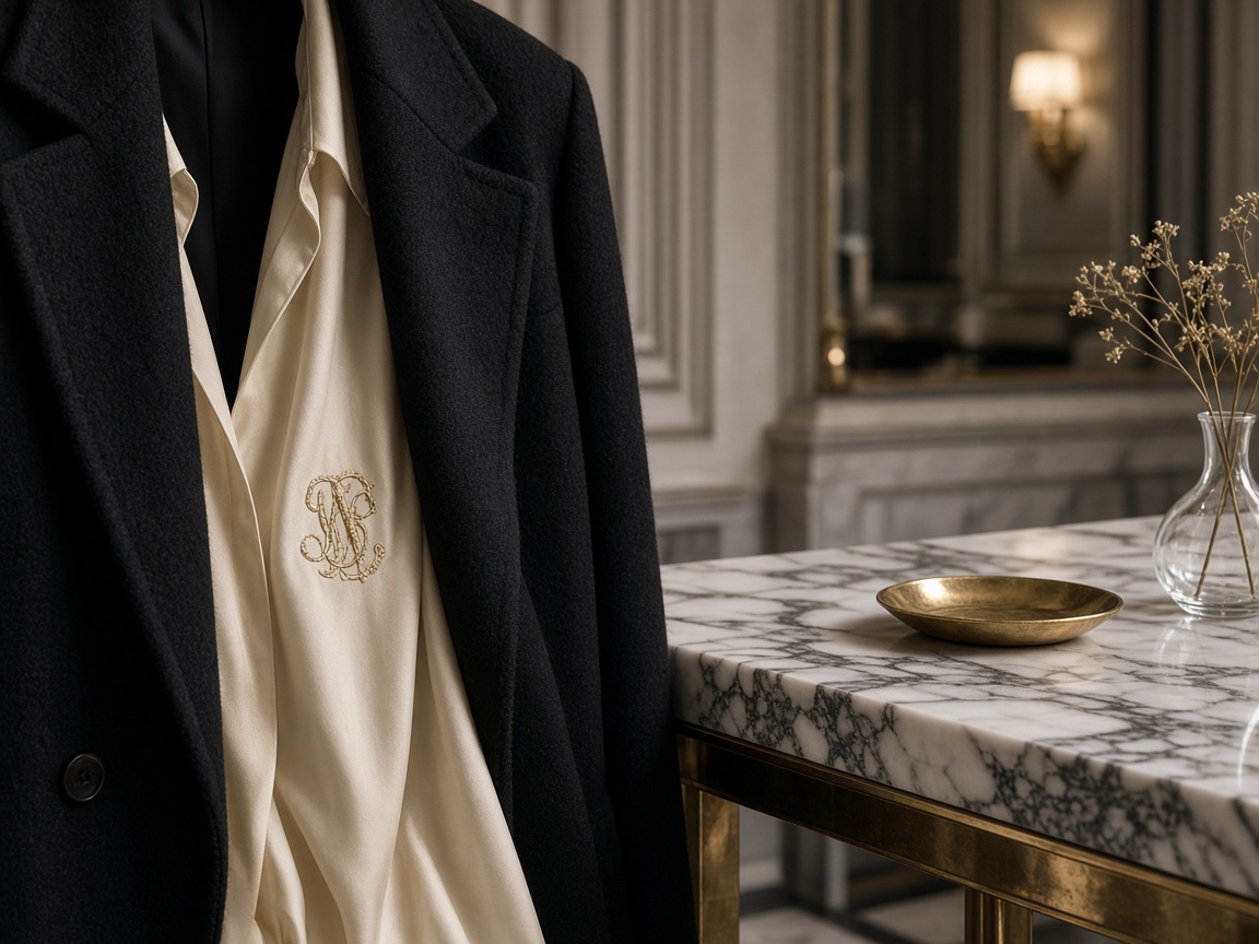 Luxury coat and silk blouse with a small embroidered monogram