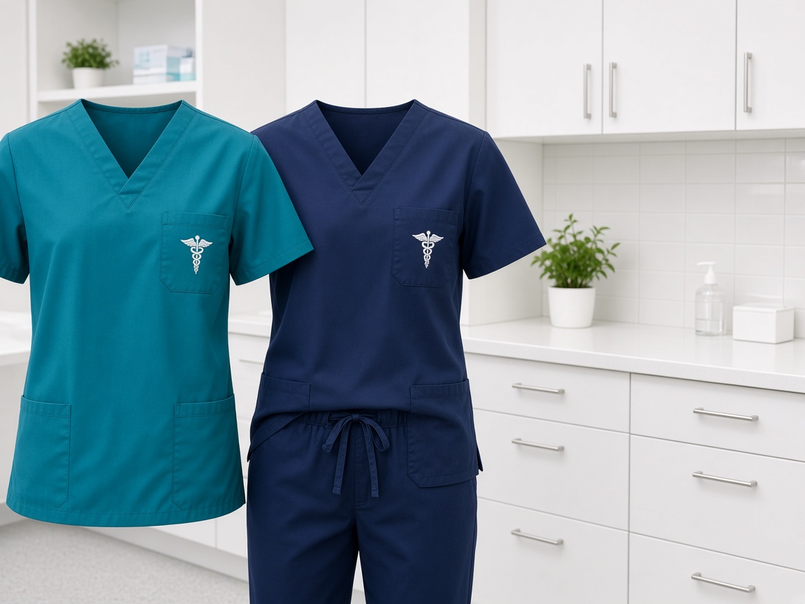 Medical scrubs with a small embroidered clinic mark