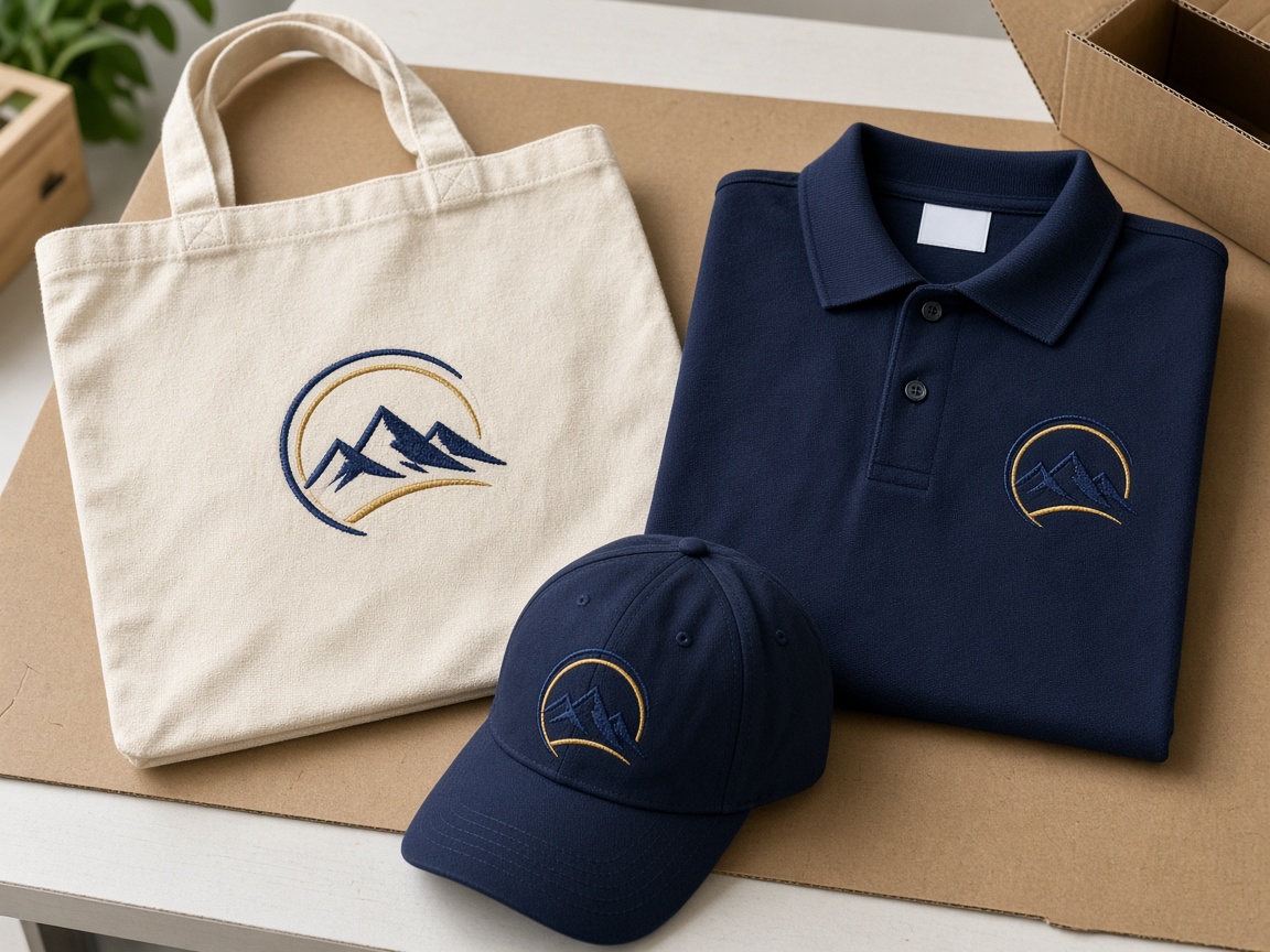 Promotional tote, polo, and cap with matching embroidered logos