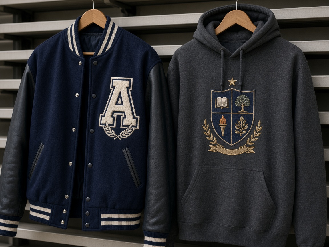 Varsity jacket and hoodie with embroidered campus crest
