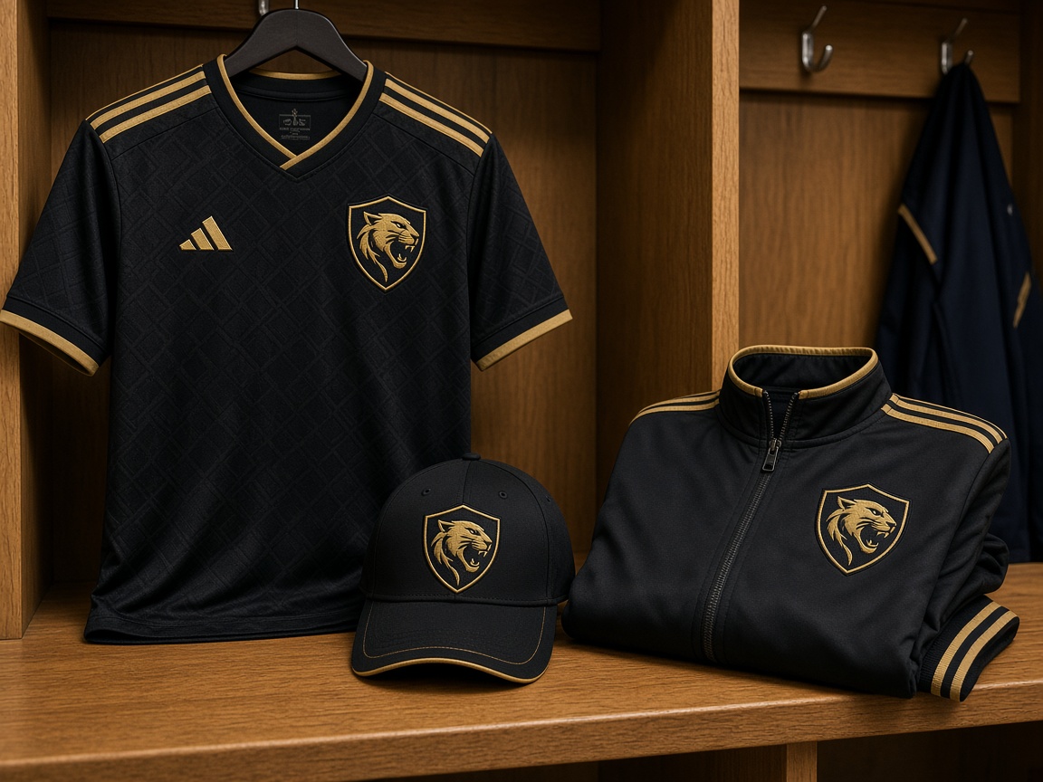 Sports jersey, cap, and warm-up with embroidered team crest