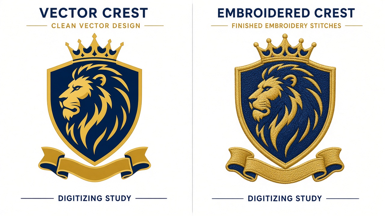 Before vector crest and after embroidered crest comparison