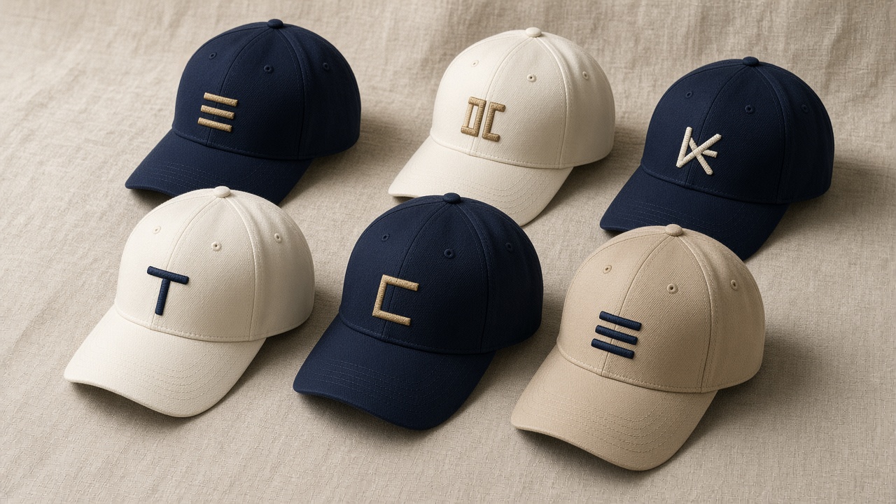 Row of embroidered baseball caps from a punching study