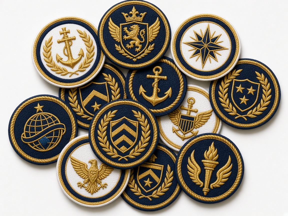 Pile of navy and gold embroidered patches