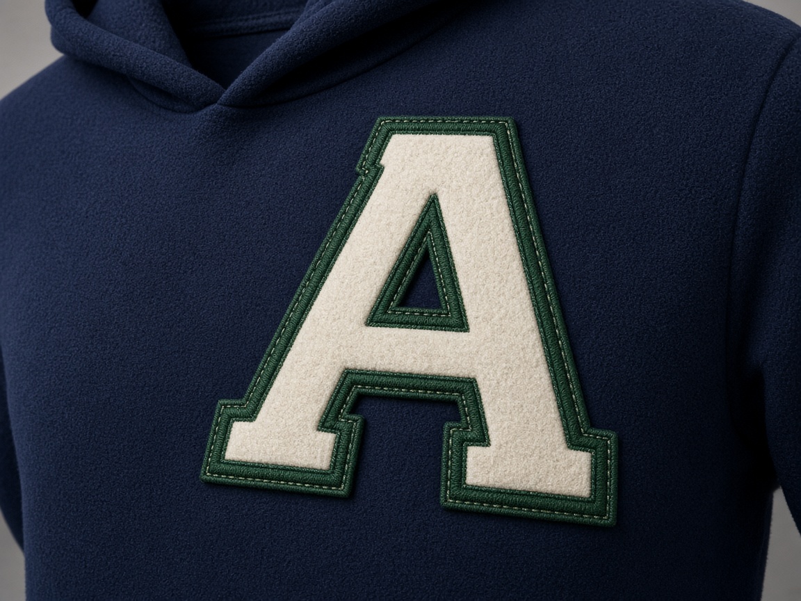 Varsity letter A applique with satin cover stitch on a hoodie
