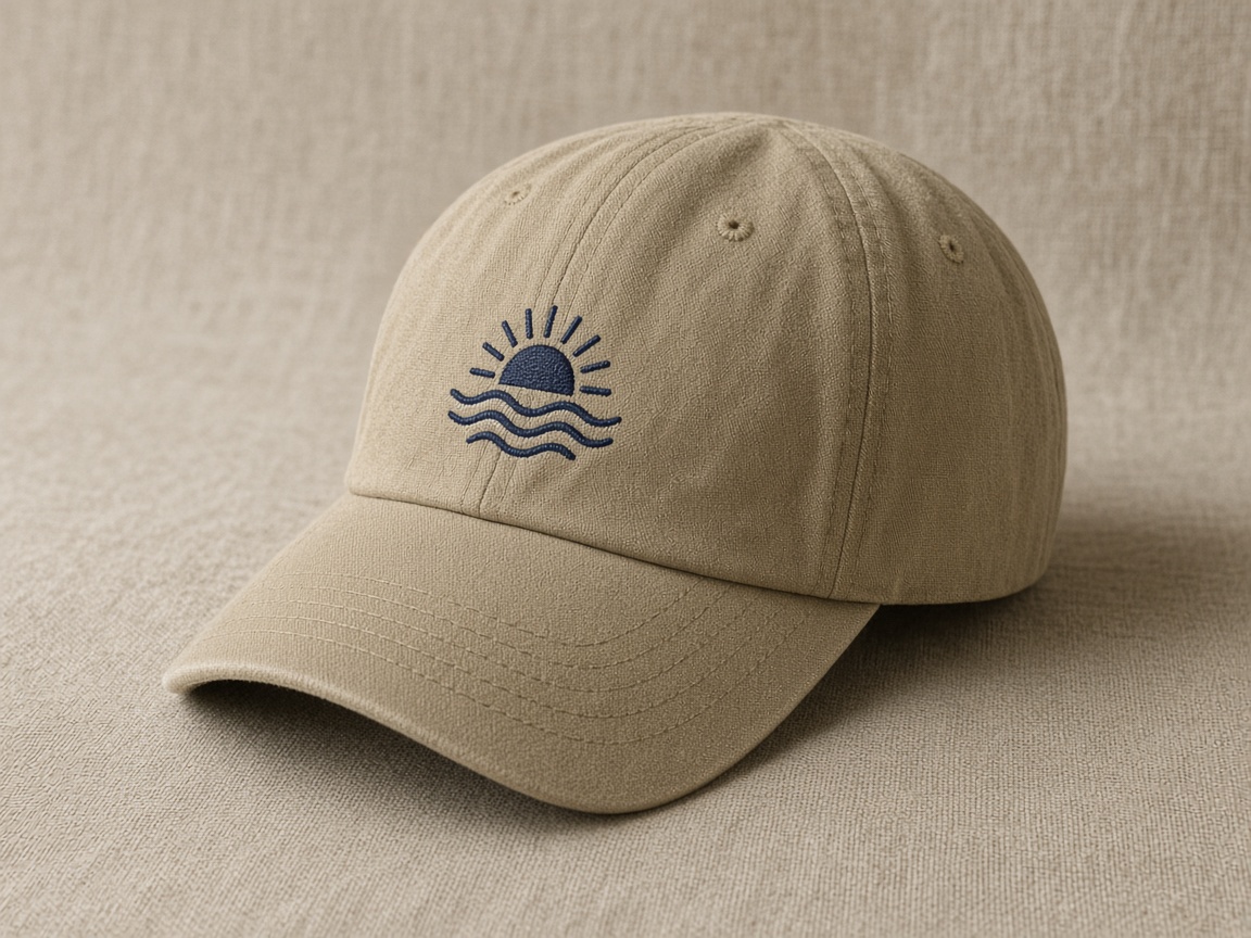 Khaki dad hat with a small flat-stitch sun icon