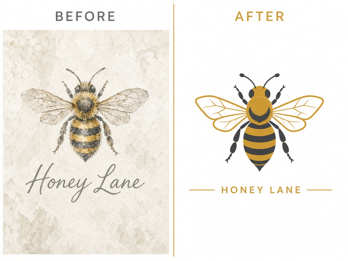Honey Lane bee logo before watercolor and after vector