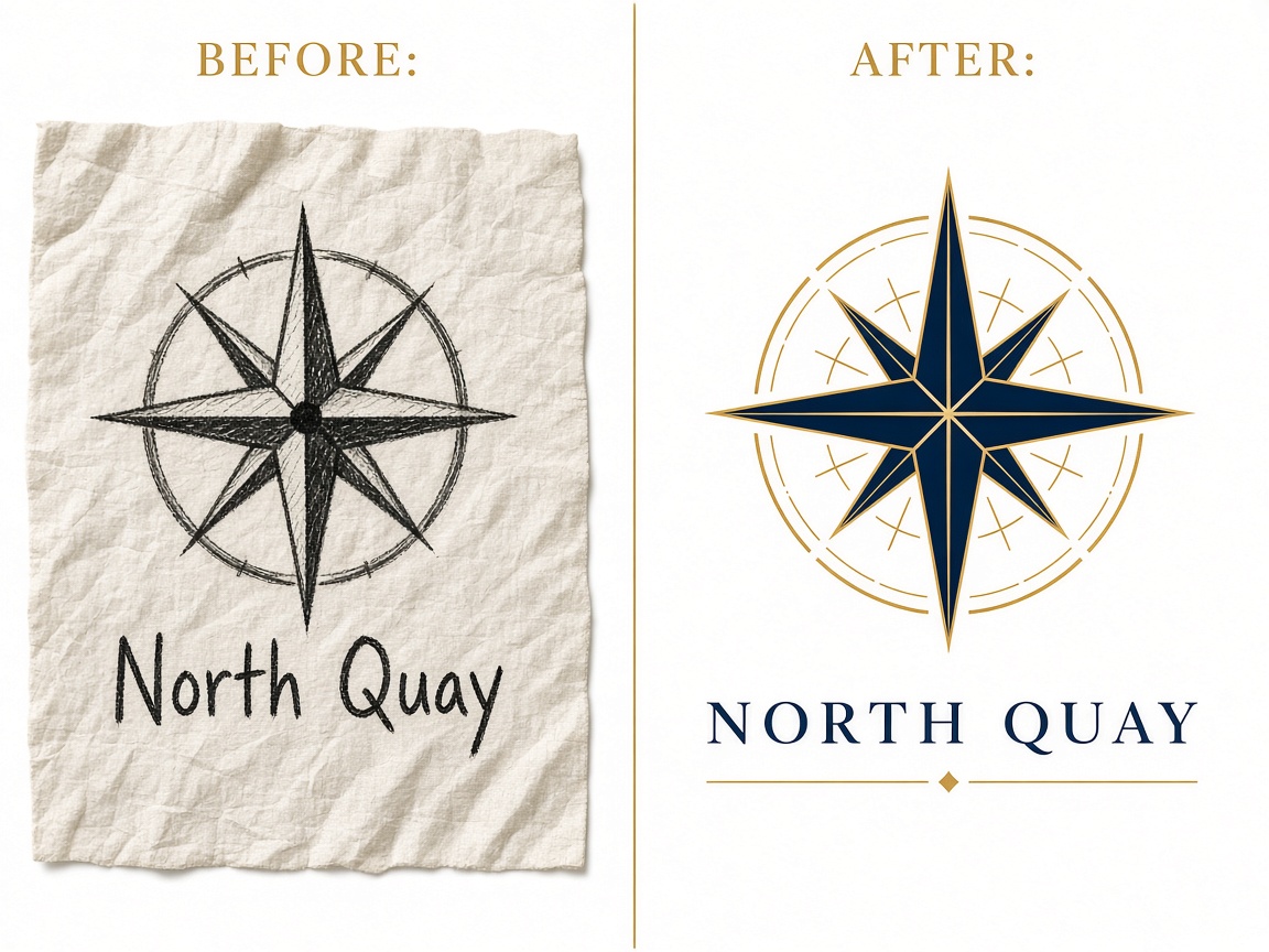 North Quay compass logo before sketch and after vector