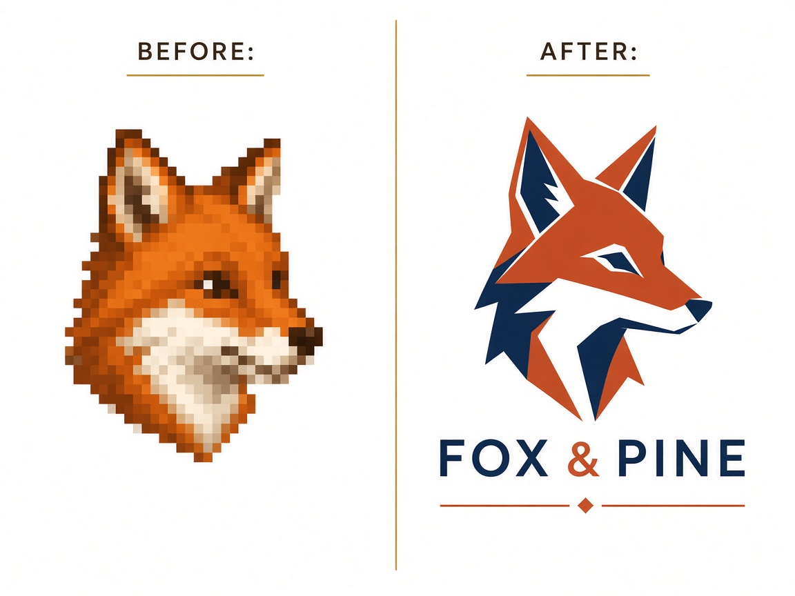 Fox and Pine logo before raster and after vector