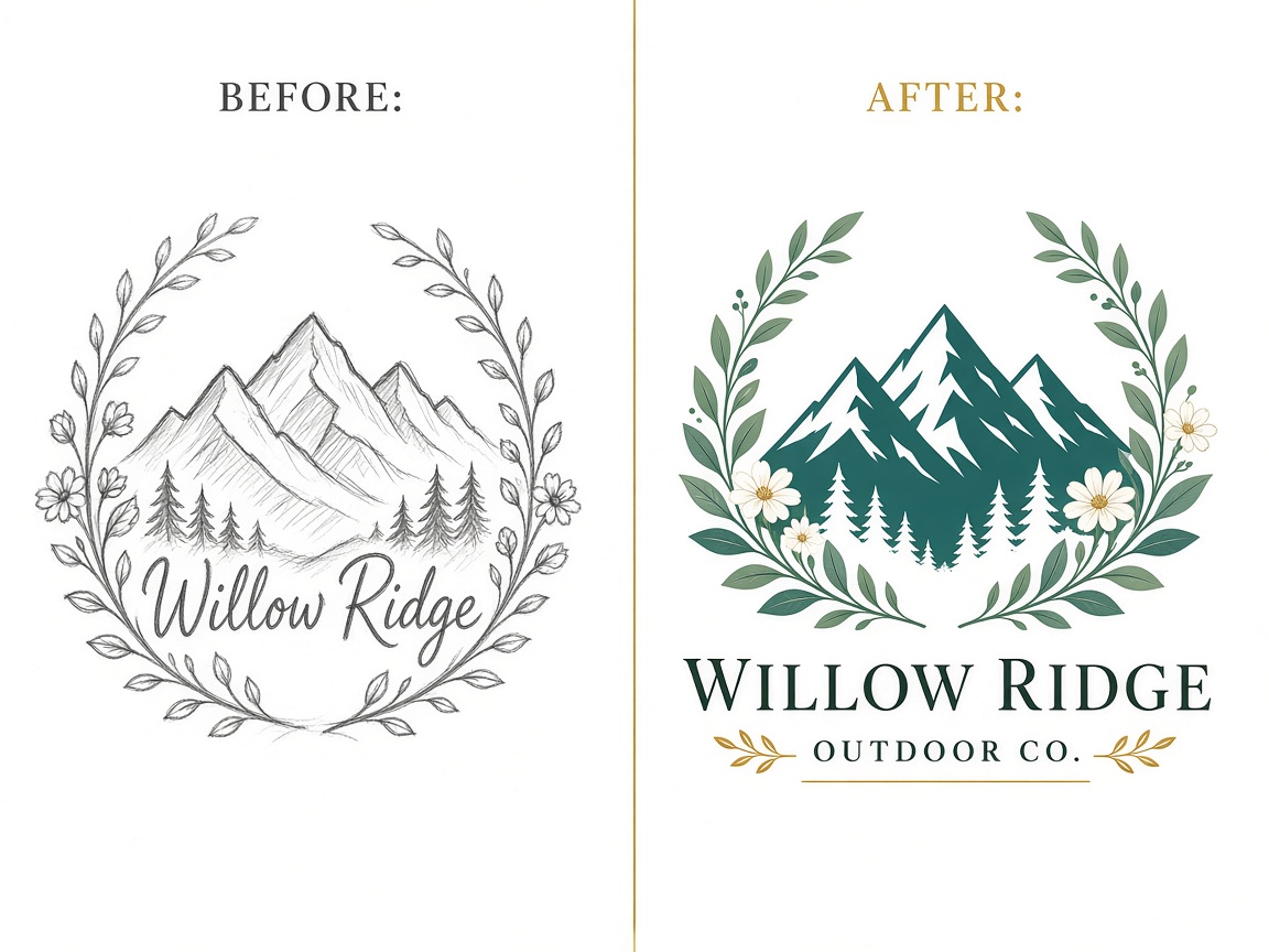 Willow Ridge logo before sketch and after vector