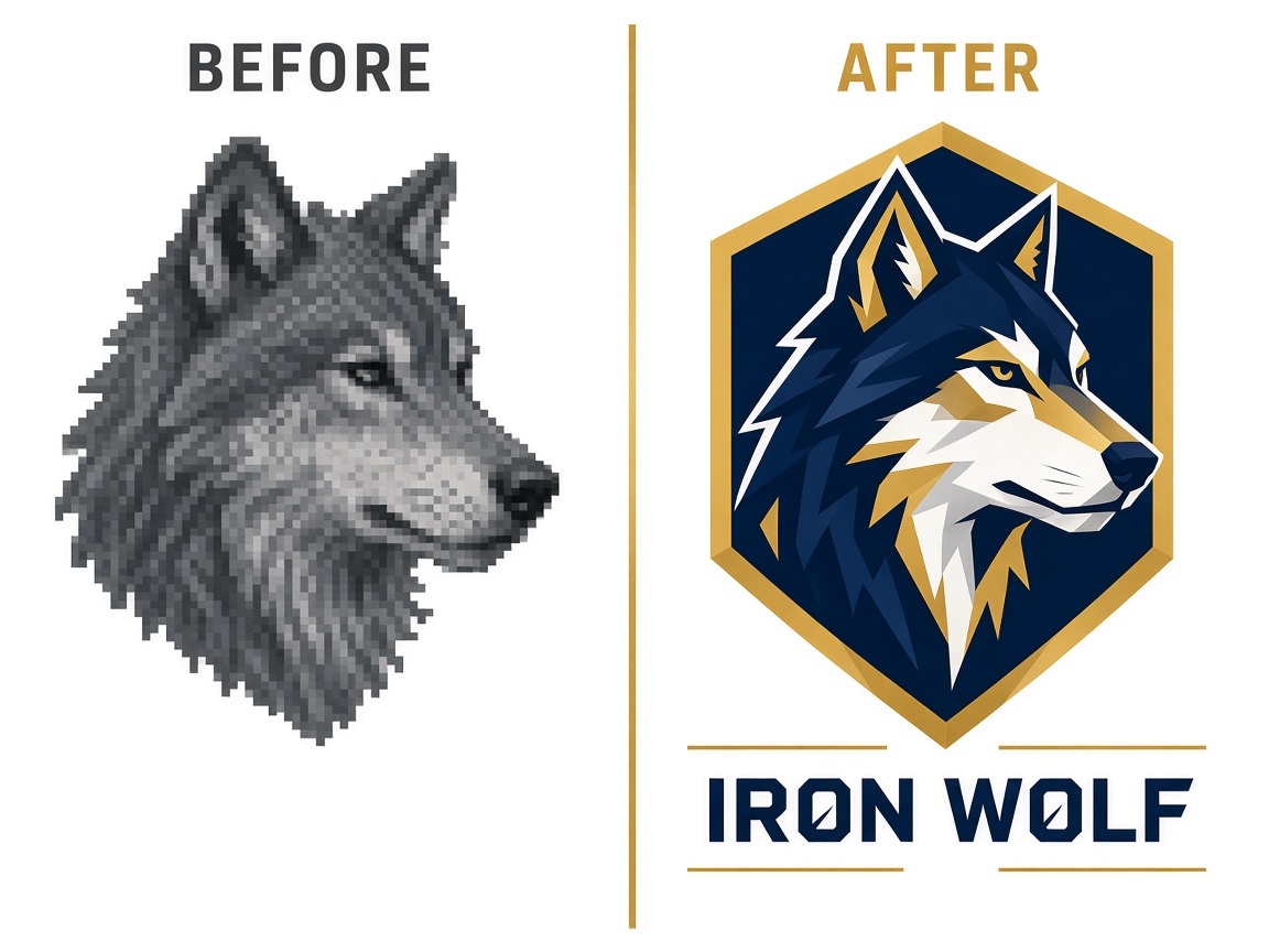 Iron Wolf mascot before raster and after vector
